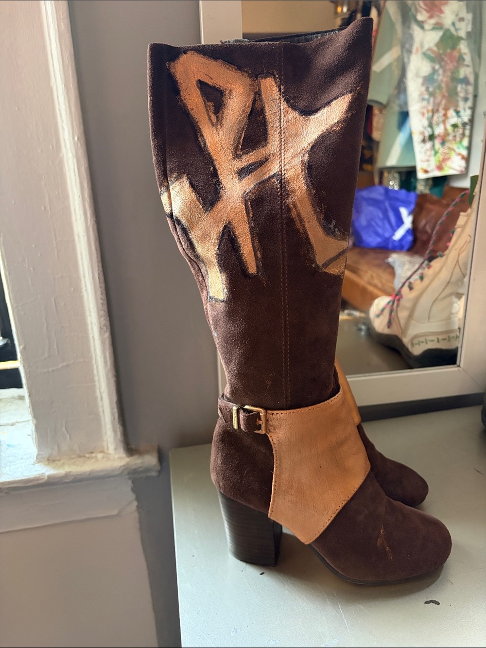 BCBGMaxAzria Brown and Tan Suede Heeled Mid-Calf Boots